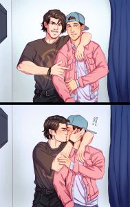 Queer characters gay teen drawing kissing BL comics photobooth